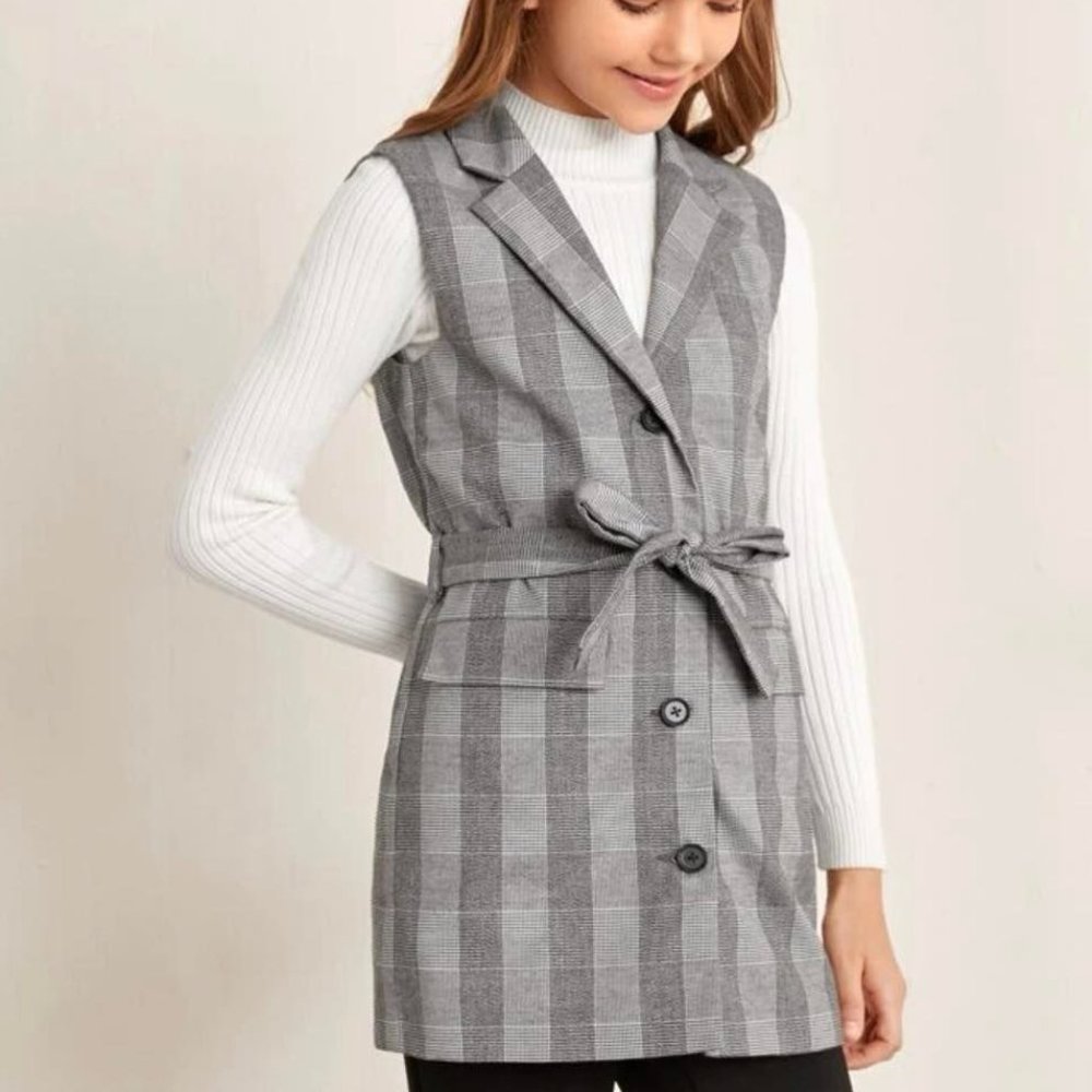 SHEIN Girls Notched Collar Single Breasted Plaid Belted Vest